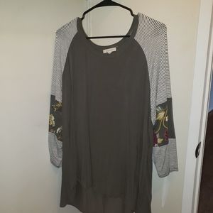 Olive baseball tee with striped and flower sleeves
